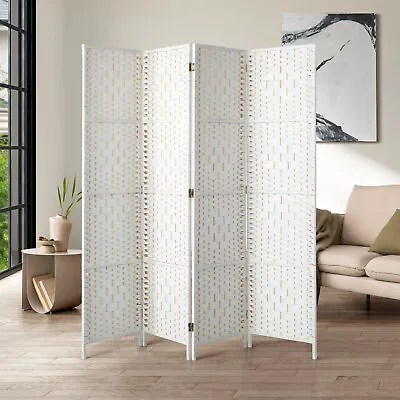 Oikiture 4 Panel Room Divider Screen Privacy Dividers Woven Wood Folding White • $79.90