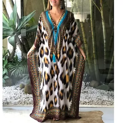 New Women Silk Mix Long Kaftan/ Resort Wear Soft And Flowy V Neck Free Size • $89