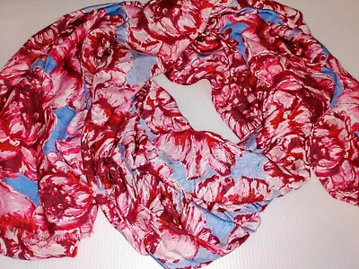 TALBOTS Soft Viscose Silk Red BerryPinkBlueWhite Floral Long Spring Scarf • $16.99