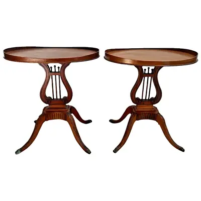 Mersman Lyre Side Tables Set Of Two Oval Top Violin Pedestal Base Real Mahogany • $800.65
