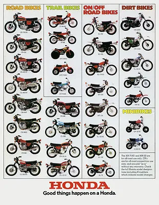 1974 HONDA LINE UP FULL LINE VINTAGE MOTORCYCLE POSTER PRINT 36x28 9MIL PAPER • $39.95