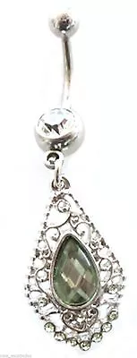 Belly Ring Vintage Inspired Green Teardrop Dangle Naval Steel Body Jewelry • $8.59