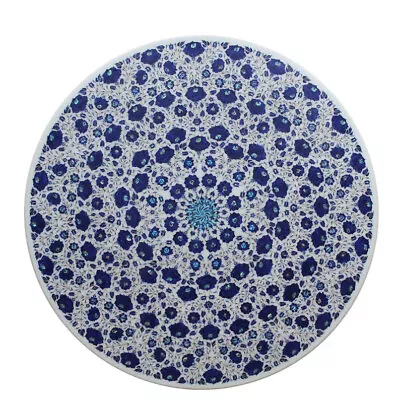 Round White Marble Coffee Table Lapis Gemstone Inlay Floral Marquetry Garden Dec • $1169