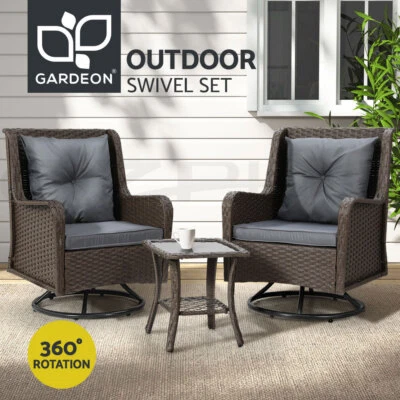 Gardeon Outdoor Furniture Lounge Setting 3Pcs Wicker Swivel Chair Sofa Patio Set • $409.95