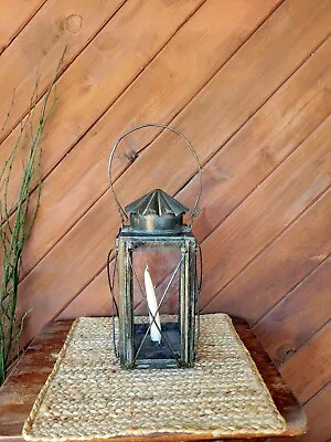 Antique 19th Century Large Primitive Candle Tin & Glass Lantern 13  Tall • $99.99