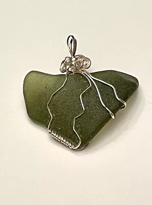 Silver Tone Wire Wrapped Sea Glass Pendant Dk Green Artisan Handcrafted COASTAL • $9.95