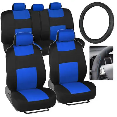 $36.43 • Buy Blue Seat Covers For Car W/ Stitched Synthetic Leather Steering Wheel Cover