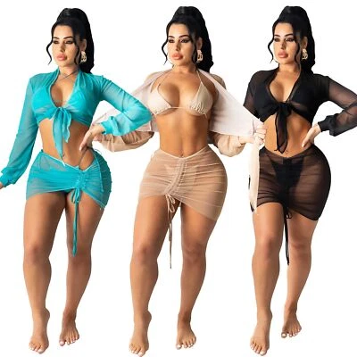 £37.95 • Buy Adogirl Cover-ups Women 3 Piece Set Mesh Crop Coat Sexy Bra And Stacked Skirts