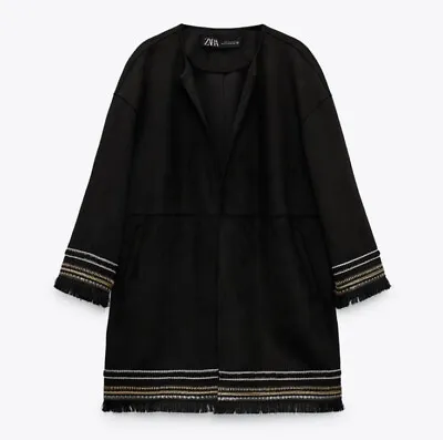 $69 • Buy ZARA Combination Faux Suede Embroidered Fringe Hem Jacket Black XS Oversized