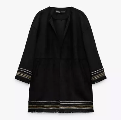 ZARA Combination Faux Suede Embroidered Fringe Hem Jacket Black XS Oversized • $49