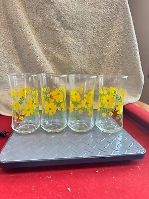 Vintage Drinking Glass Tumbler Yellow Flowers & Leaves 6   SET OF 4 • $28