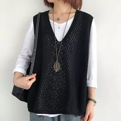 UK Ladies Knitted Waistcoat Top V Neck Sweater Sleeveless Vest Hollow Pattern • £5.55