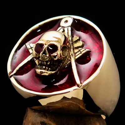 Round Ancient Mens Masonic Skull Brass Biker Ring Square Compasses Red Size 13 • $24