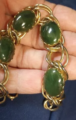 Vintage Jade Scarab Stone Bracelet Gold Tone Double Link Chain Green Cabochon  • $34.87