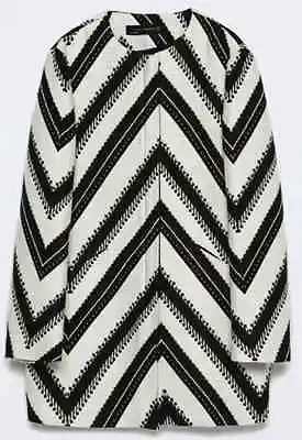 Zara Patterned Black And White Fabric Crew Neck Coat Wool-sz M-nwt • $59.99