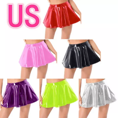 US Women's Leather Mini Skirts Wet Look Flared Pleated Sexy Latex Short Skirts  • $6.78