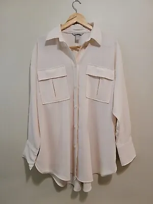 Women H&M Oversize Large Button Up Long Sleeve Cream Shirt Slightly Used • $12