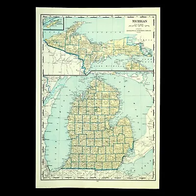 Vintage MICHIGAN Map Wall Art Old Original 1930s Detroit Grand Rapids Ann Arbor • $12.95