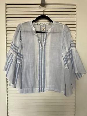 La Vie Rebecca Taylor Blue Striped Angel Wing Corton Blouse Size Medium • $16