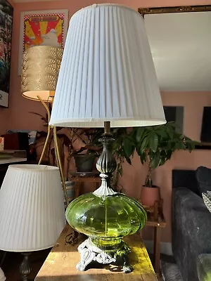 Vtg PAIR Mid Century OPTICAL Green Glass Table Lamps HOLLYWOOD REGENCY BRASS • $224.95