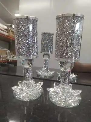 £19.99 • Buy 2x Romany Silver Crushed Crystal Candle Holder Lotus Base Filled Home Decor