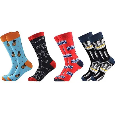 4 Pairs Men's Dress Comfort Funky Colorful Fashion Patterned Cotton Crew Socks • $14.24