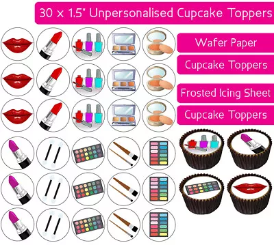 30 Makeup Edible Wafer & Icing Cupcakes Toppers Birthday Party Lipstick Eye Lip • £2.25