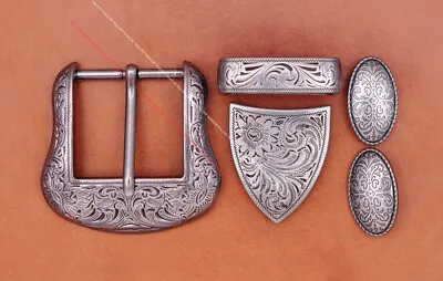 Vintage Silver Cowboy Ranger Floral 5 Pc Set Western Belt Buckle Fit 1-1/2  Belt • $9.97