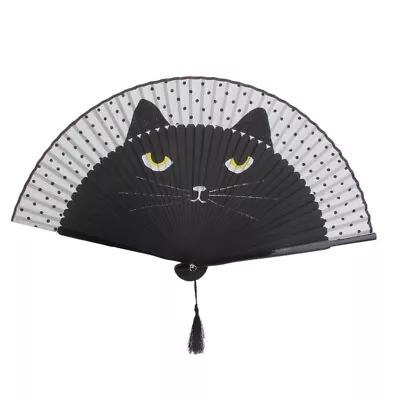 Cat Silk Bamboo Hand Painted Folding Fan - Black • $9.59