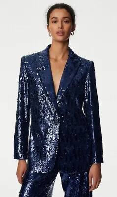 Marks And Spencer Tailored Sequin Single Breasted Blazer Blue Size 10 Bnwt • £49.50