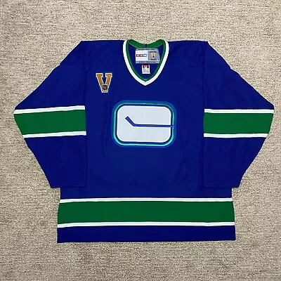 Vancouver Canucks CCM Vintage Stick Hockey Jersey Blue XL NHL 70-78 • $58.52