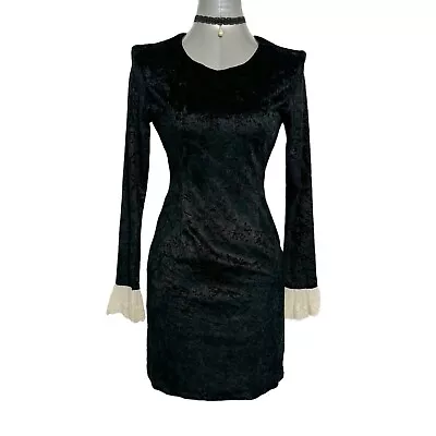 Whimsical Goth Vintage Velvet & Lace Mini Pencil Dress In Black XS-S • $50