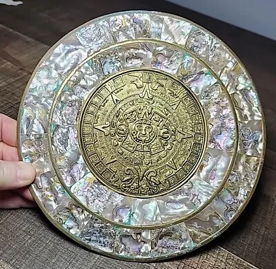 Vintage 8   Mexican Mayan Brass Calendar Plate W/ Abalone. Gorgeous  • $19.95