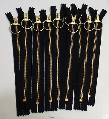 Lot Of 10 - 9 Inch Black & Brass #5 YKK Pocket Zippers With Hoop Pull New! • $12.71