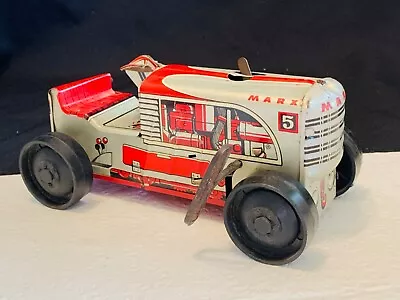 Vintage MARX Wind Up Tin Litho Racing Tractor #5 Red WORKS 8” Long • $31.99