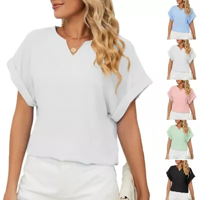 Ladies Summer Plain Blouse Tops V Neck Loose Fit T Shirt Holiday Casual Shirts • £8.39