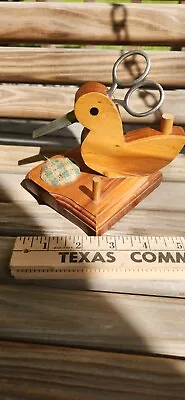 Vintage Wood Bird Scissor Holder Pin Cushion Thread Spool Sewing Caddy • $14.40