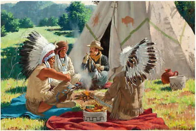 364234 Native Americans And Cowboy Smoking Peace Pipe Decor Print Poster • $45.95