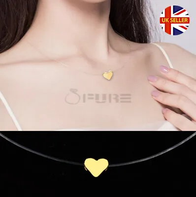 Dainty Invisible Fish Line Chain Gold Tone Heart Shaped Pendant Choker Necklace • £3.99