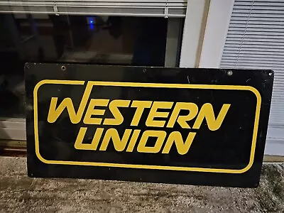 Vintage Western Union Double Sided Metal Sign 30” X 15  Yellow Black 1980s? • $99