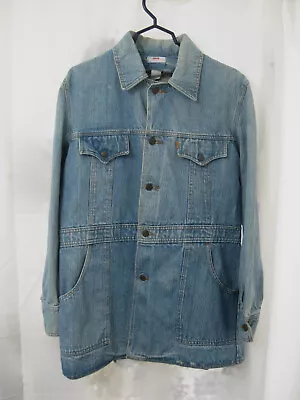 VTG 70s Mens LEVIS Raw Denim Chore Coat Jean Jacket Large Orange Tab Distressed • $44.92