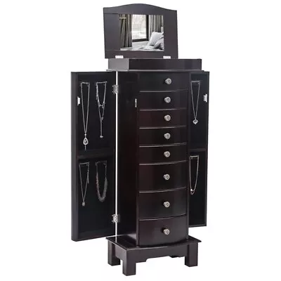 Jewelry Armoire With Mirror 8 Drawers & 16 Necklace Hooks 2 Side Swing Doors(B • $168.36