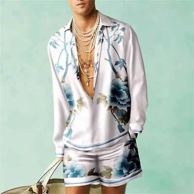 Men Summer Outfit 2-Piece Set Long Sleeve Shirts And Shorts Sweatsuit Beach Set • $33.80