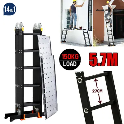 5.7M Heavy Duty Aluminium Folding Ladder Multi-function Platform Locking Step UK • £155.97