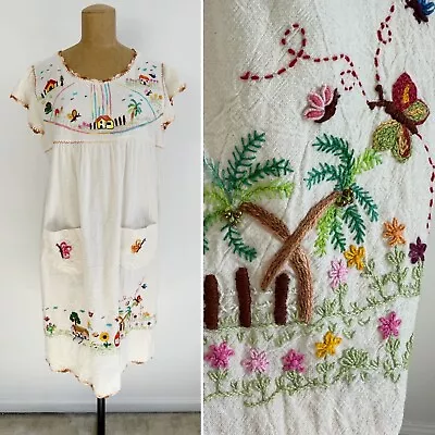 Vintage 70s Beige Colorful Embroidered Handmade Cottagecore Kitschy Midi Dress M • $39.99