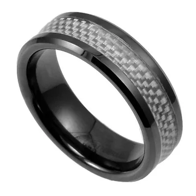 Black Plated Ceramic RING With Silver Carbon Fiber Accent Band Size 11 - New! • $13.51