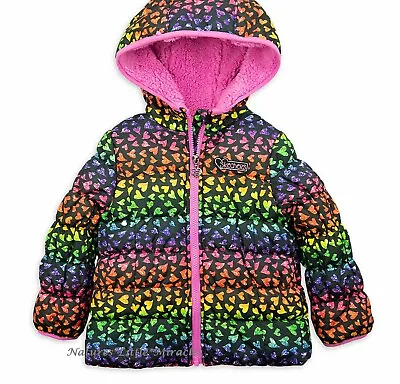 Skechers Puffer Jacket Size 10-12 Girls Winter Coat Rainbow Heart Hoodie L NWT • $36.95