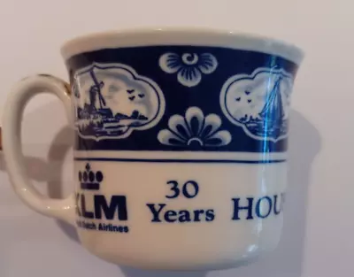 Mug Delft Blue-Holland “KLM Airlines”30 Years From Houston-Europe-1957-1987 • $7.95