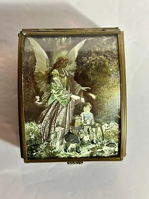 Vintage Enesco Mexico Brass Glass Guardian Angel Trinket Box Mirrored • $9.99