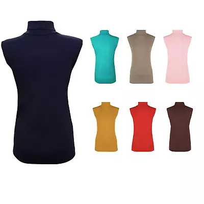 Womens Polo Neck Plain Ladies Stretch Sleevless Vest Turtle Bodycon Top • £6.49